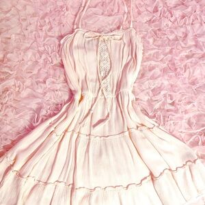 pink ruffled mini crochet lace dress